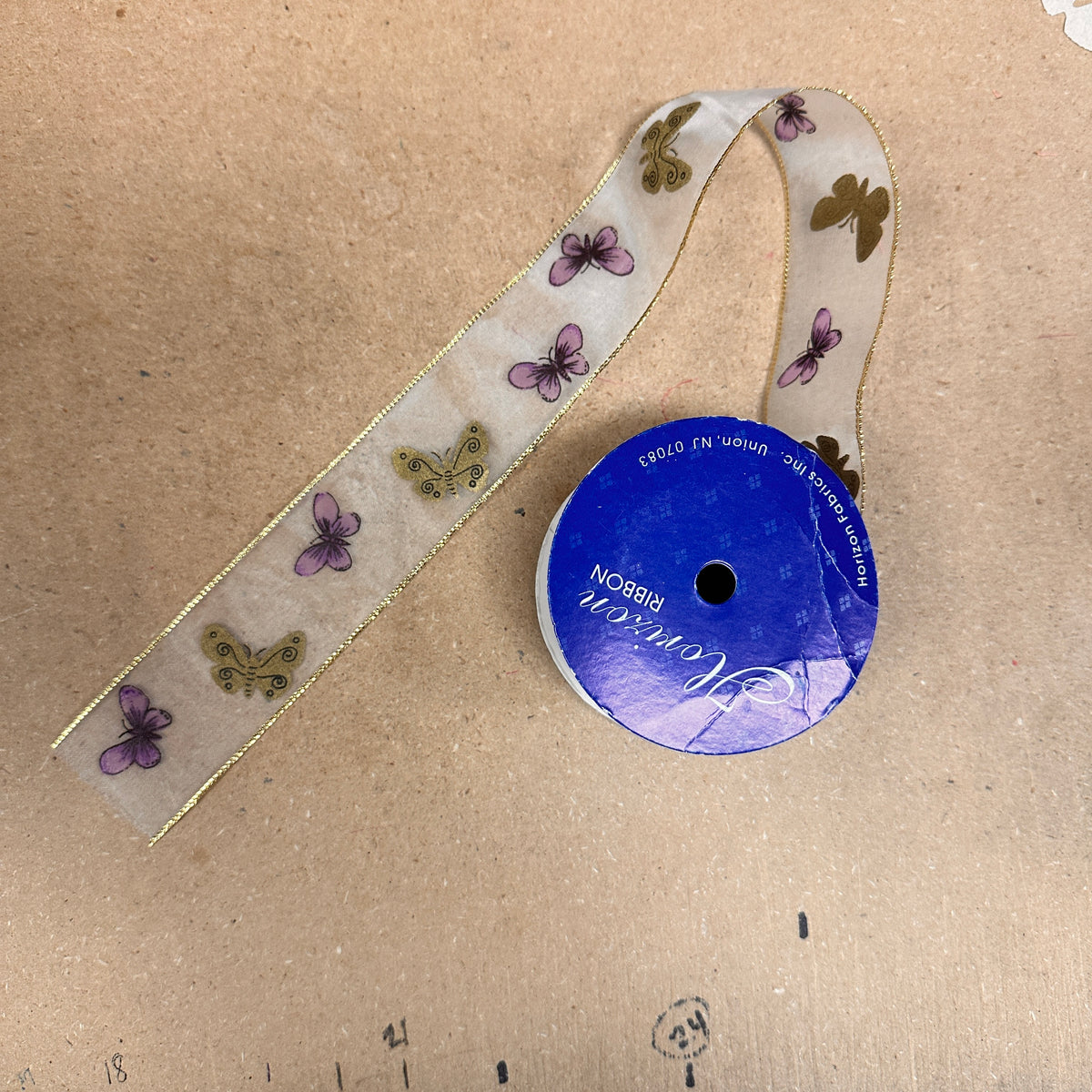 Purple/Gold butterfly sheer ribbon - by the yard