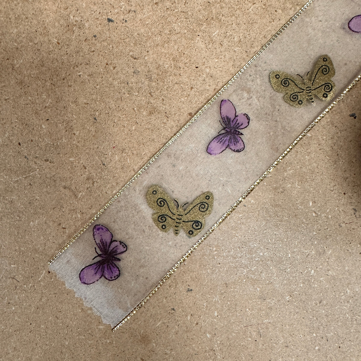 Purple/Gold butterfly sheer ribbon - by the yard