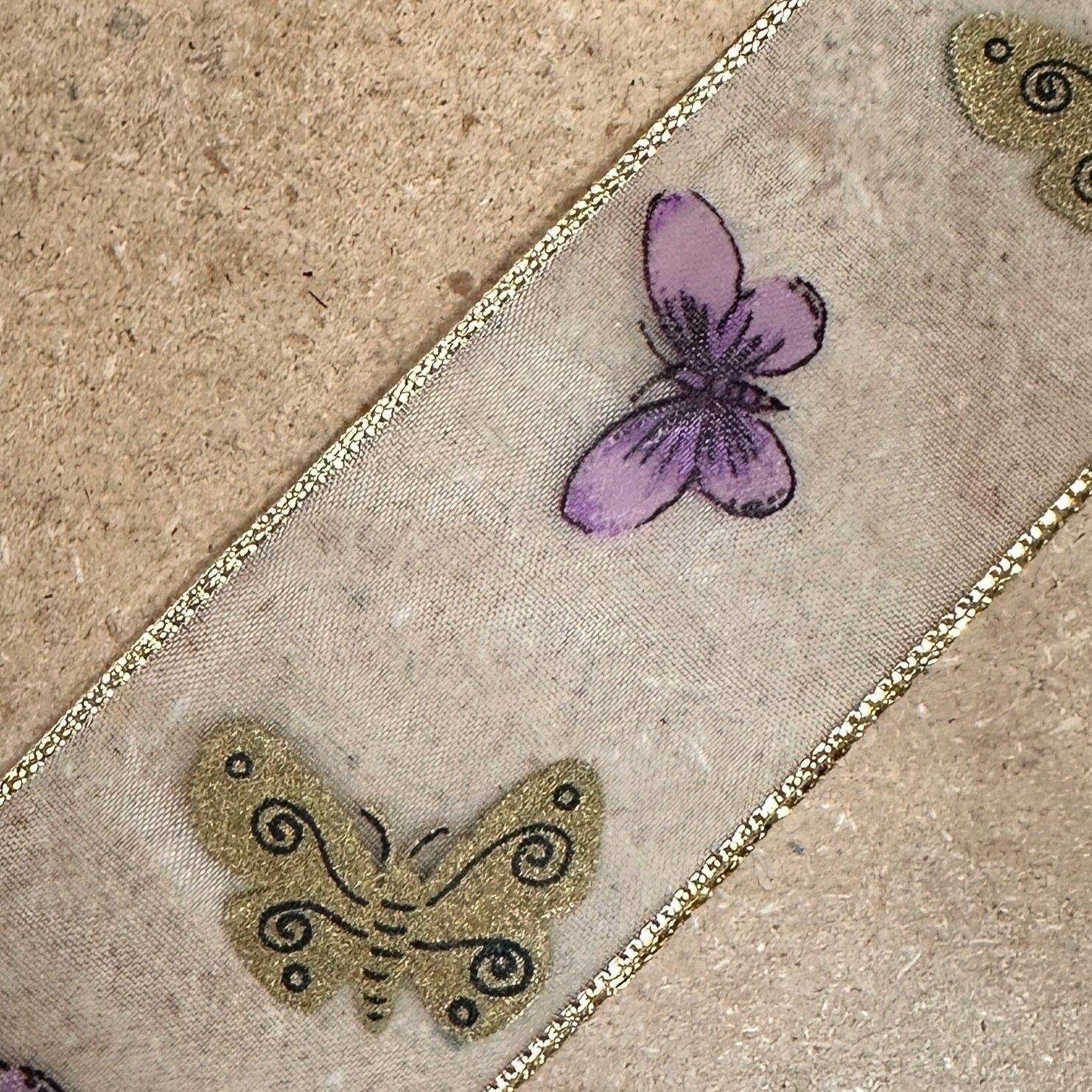 Purple/Gold butterfly sheer ribbon - by the yard