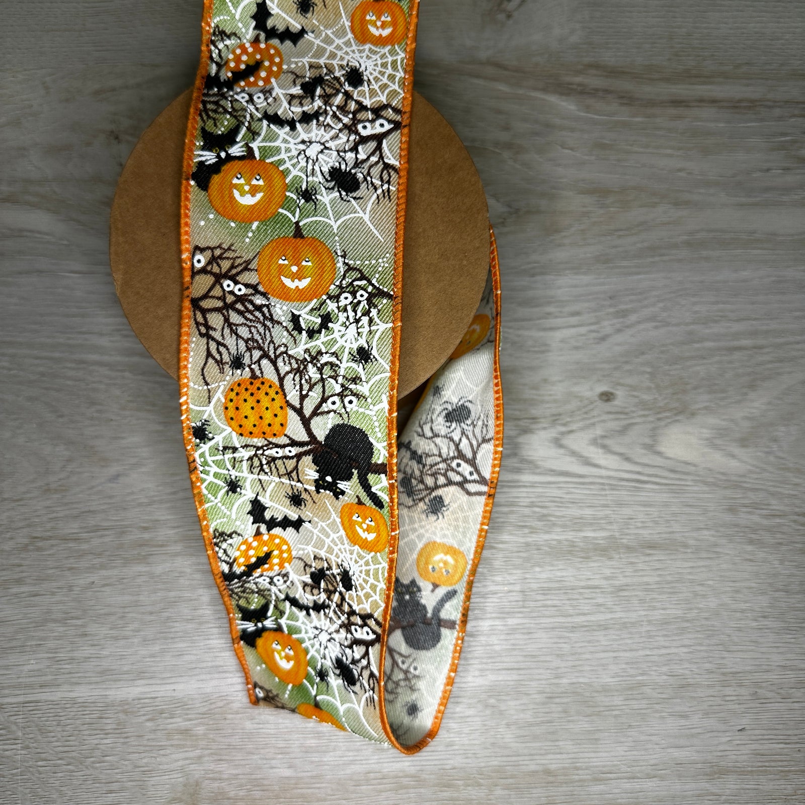 Halloween pumpkin spider web ribbon - by the yard