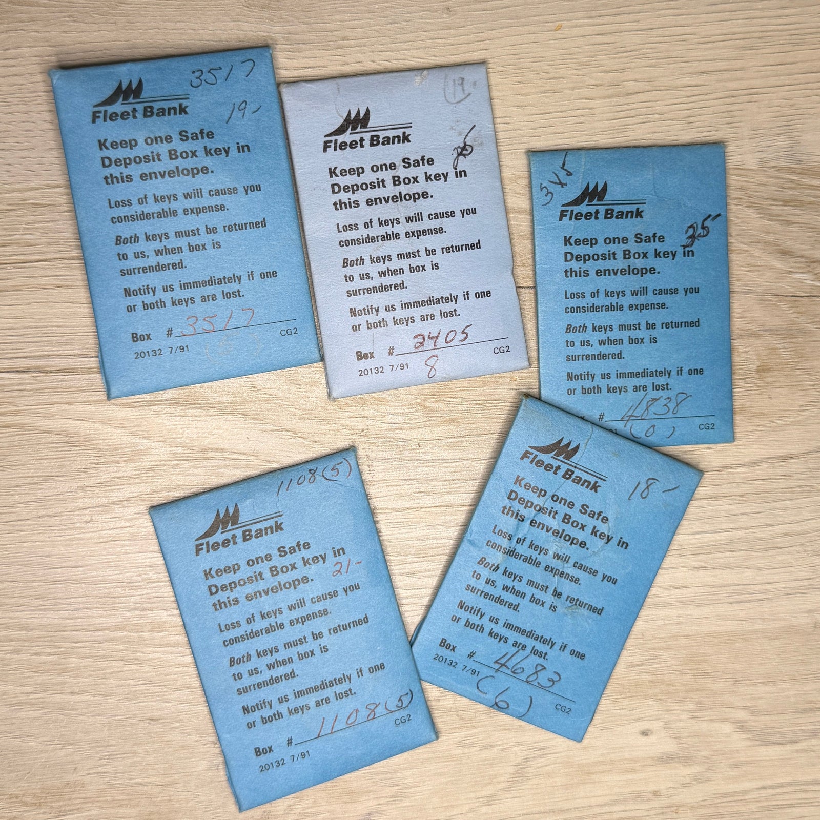 Safe deposit box key envelopes