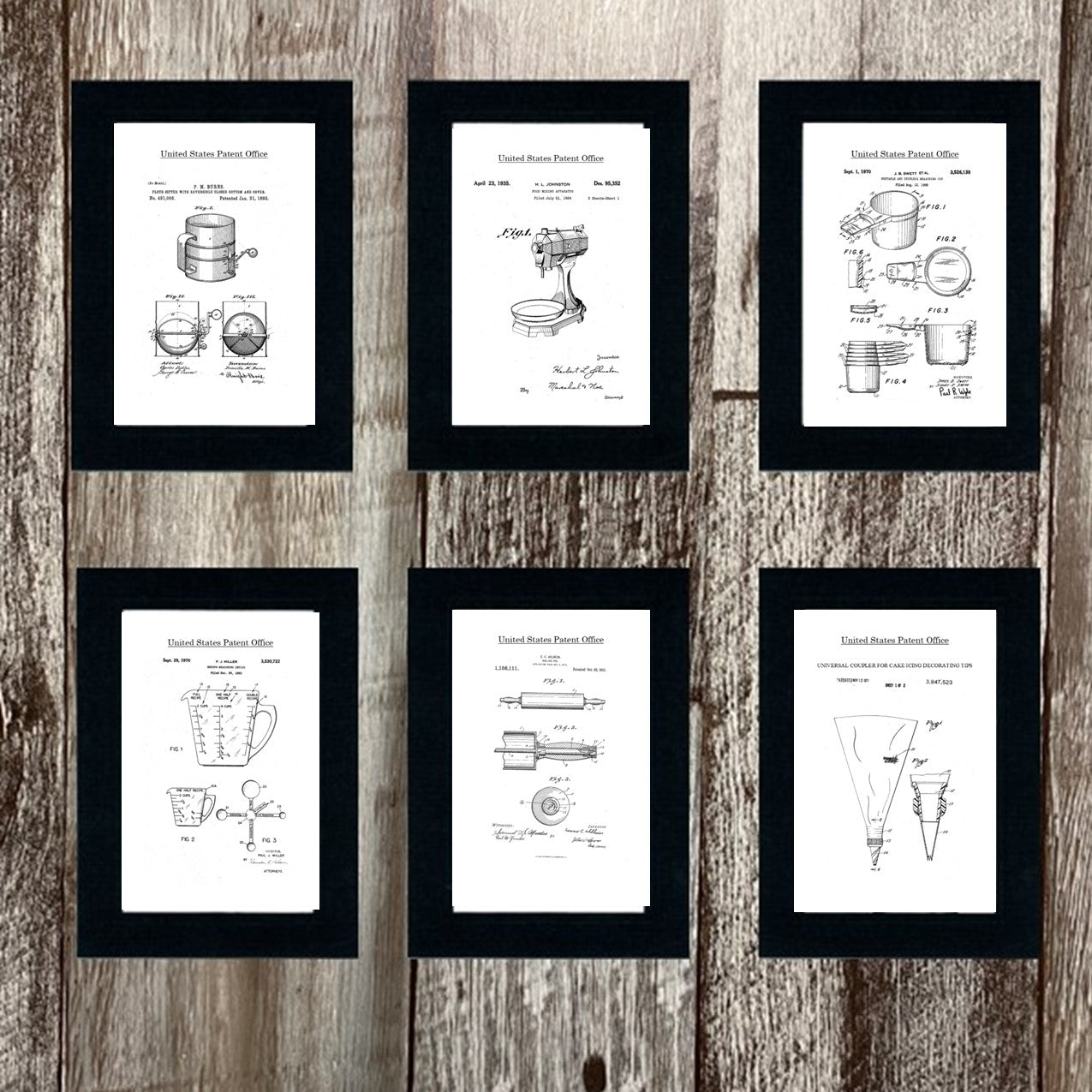 A set of framed baking patent art prints displayed on a wooden surface. The patents are for various baking tools and appliances.