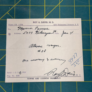 Original 1950s Handwritten Prescription Slip