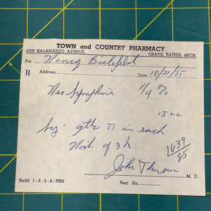 Original 1950s Handwritten Prescription Slip